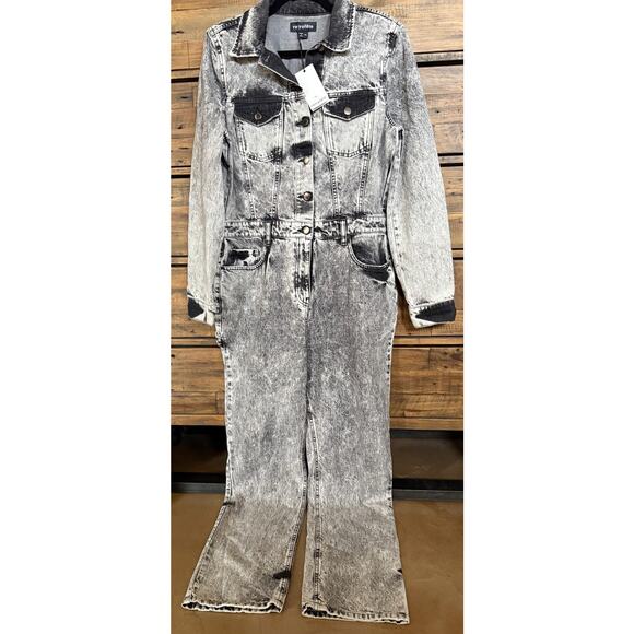 Retrofete Jumpsuit Women's XL Gray Acid Wash Denim Long Sleeve Utility NWT